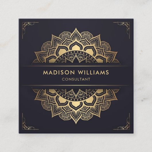 Aangepaste Donker Marine Blauw Goud Mandala Profes Vierkante Visitekaartje (Voorkant)