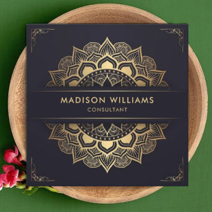 Aangepaste Donker Marine Blauw Goud Mandala Profes Vierkante Visitekaartje