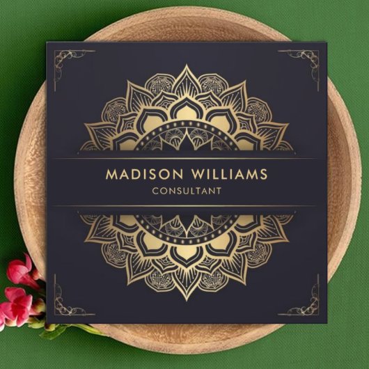 Aangepaste Donker Marine Blauw Goud Mandala Profes Vierkante Visitekaartje