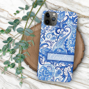 Aangepaste, donkerblauwe, Floral Paisley Art iPhone 15 Pro Max Hoesje