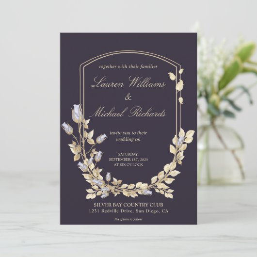 Aangepaste Donkerblauwe Gouden Bloem Schild Weddin Kaart (Staand voorkant)