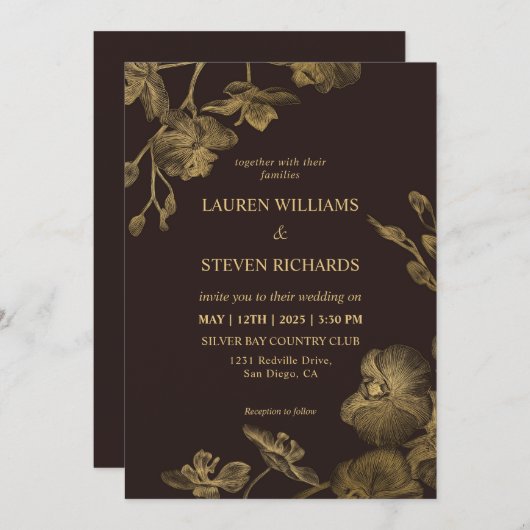 Aangepaste Donkere Chocolade Bruin Gouden Huwelijk Kaart (Voorkant / Achterkant)