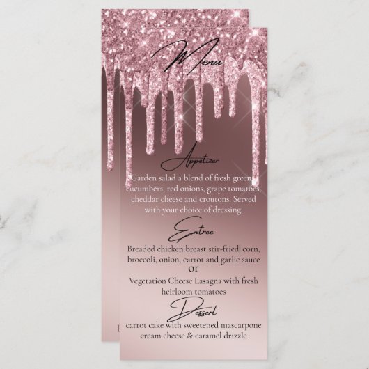 Aangepaste donkere roosgouden glitterslier elegant menu (Voorkant / Achterkant)