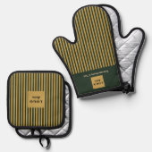 Aangepaste donkergroene en gouden streep ovenwant & pannenlap set (Voorkant / Achterkant)
