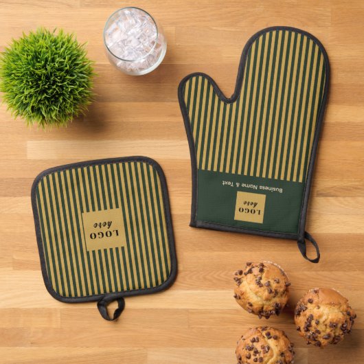 Aangepaste donkergroene en gouden streep ovenwant & pannenlap set (Top down)