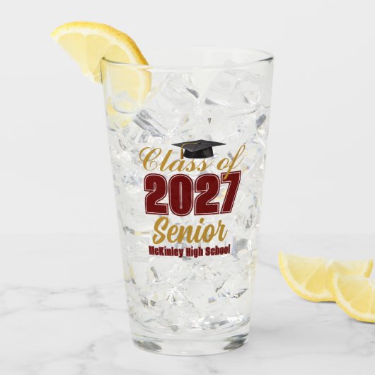 Aangepaste donkerrood goud Klas van 2027 Senior Glas (Voorkant ijs)