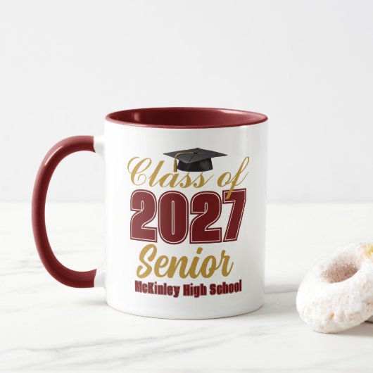 Aangepaste donkerrood goud Klas van 2027 Senior Mok (Met donut)