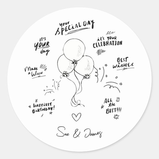 Aangepaste Doodle Moderne Ballon Gelukkige Verjaar Ronde Sticker (Voorkant)