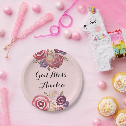 Aangepaste doop God Bless Pink Flower Paper Bord (Feest)