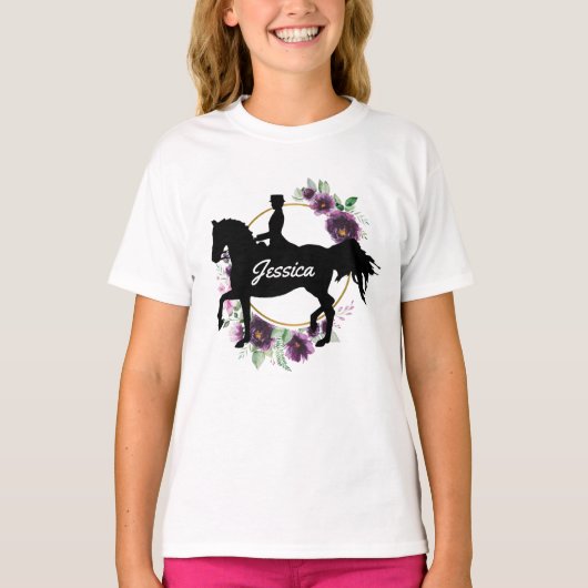 Aangepaste Dressage Horse Riding Floral Name T-shirt (Voorkant)
