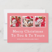 Aangepaste Drie Foto Roze Vrolijke Kerstmis Feestdagenkaart (Voorkant)