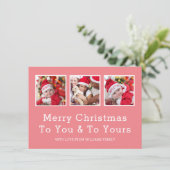 Aangepaste Drie Foto Roze Vrolijke Kerstmis Feestdagenkaart (Staand voorkant)