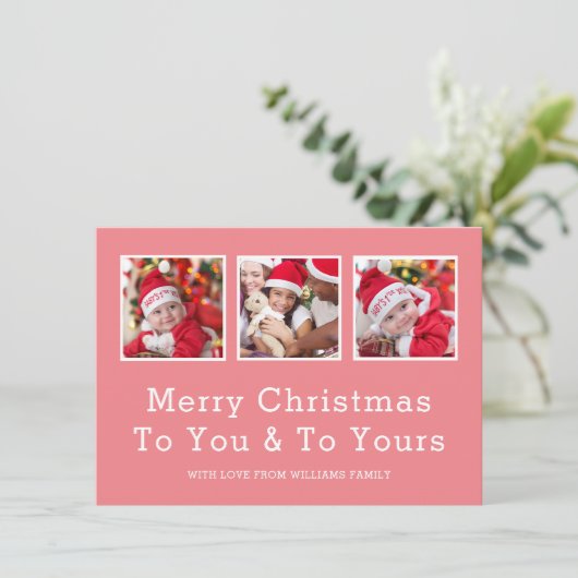 Aangepaste Drie Foto Roze Vrolijke Kerstmis Feestdagenkaart (Staand voorkant)