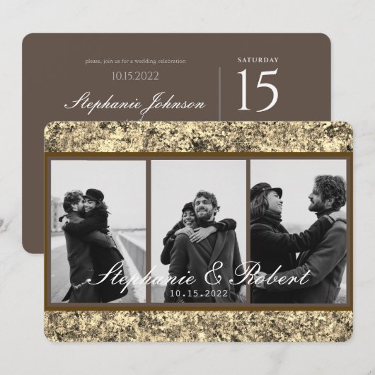 Aangepaste drie foto's Gold Glitter Abstract Wedde Kaart (Voorkant / Achterkant)