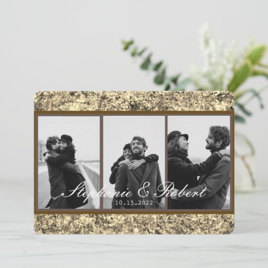 Aangepaste drie foto's Gold Glitter Abstract Wedde Kaart (Staand voorkant)