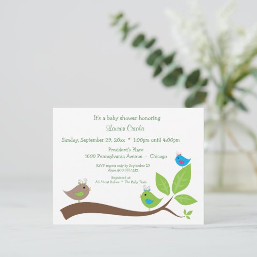 Aangepaste drie kleine vogels Baby shower uitnodig Kaart (Staand voorkant)