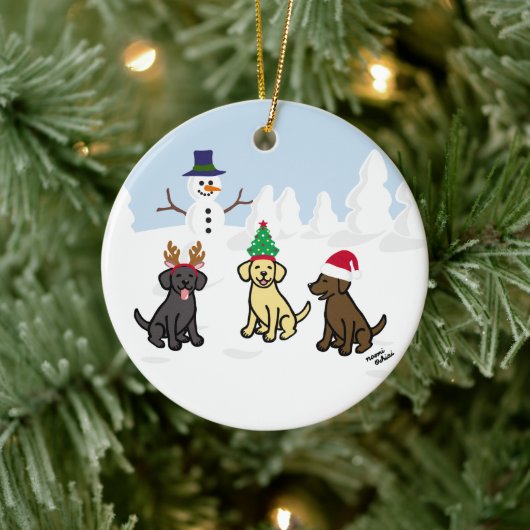 Aangepaste drie labradors en Snowman Keramisch Ornament (Boom)