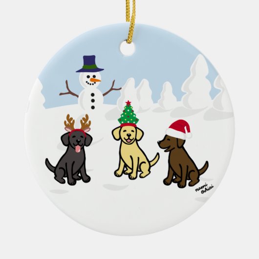 Aangepaste drie labradors en Snowman Keramisch Ornament (Voorkant)