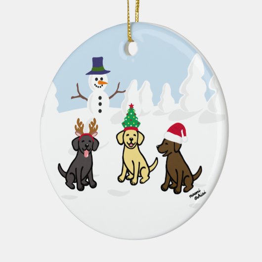 Aangepaste drie labradors en Snowman Keramisch Ornament (Links)