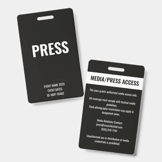Aangepaste Druk Media Toegang Concert Festival Wit Badge (Voor- en achterkant)