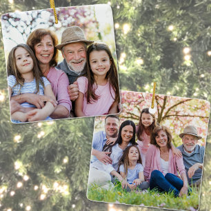 Aangepaste Dubbelzijdige Familie Twee Foto Kerstmi Keramisch Ornament