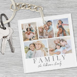 Aangepaste dubbelzijdige familiefoto sleutelhanger<br><div class="desc">Deze eenvoudige en elegante boho-geïnspireerde sleutelhanger is een perfecte manier om familie te vieren. Het ontwerp beschikt over een ruimte voor vijf foto's, met "Familie" eronder weergegeven in een klassiek serif lettertype. In zacht schrift is er ruimte om de familienaam, de voornamen van familieleden toe te voegen, of zelfs een...</div>
