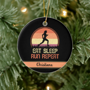 Aangepaste Eat Sleep Run Herhaling Retro Athlete Keramisch Ornament