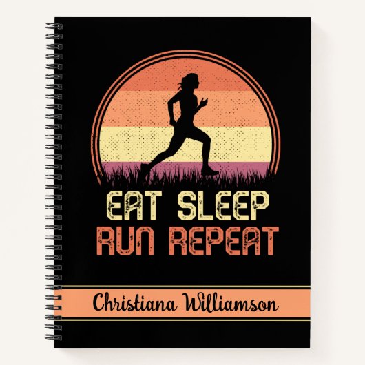 Aangepaste Eat Sleep Run Herhaling Retro Athlete Notitieboek (Voorkant)
