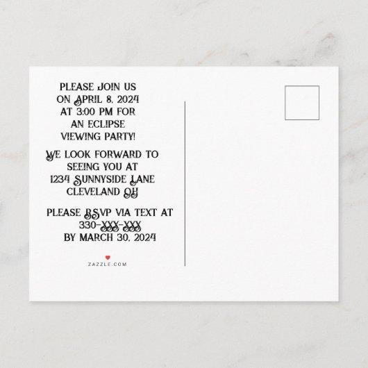 AANGEPASTE ECLIPSE-WEERGAVEPARTIJ UITNODIGING BRIEFKAART (Achterkant)