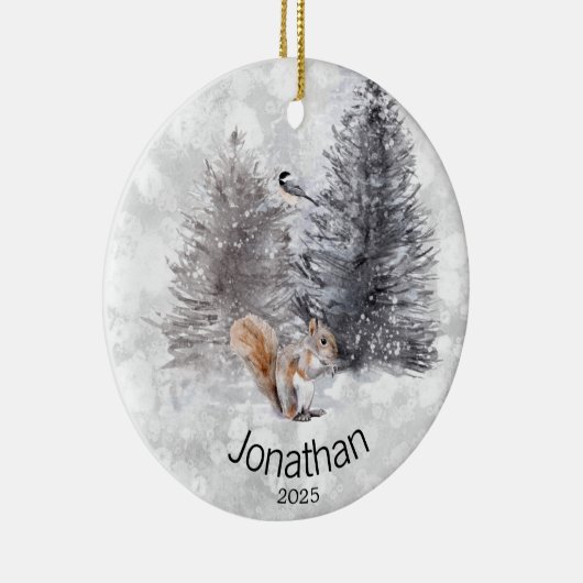 Aangepaste eekhoornvogel Winter Cabin Keramisch Ornament (Rechts)