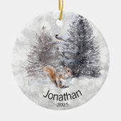 Aangepaste eekhoornvogel Winter Cabin Keramisch Ornament (Voorkant)