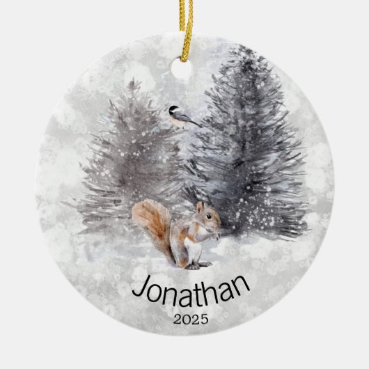 Aangepaste eekhoornvogel Winter Cabin Keramisch Ornament (Voorkant)