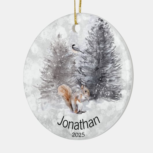 Aangepaste eekhoornvogel Winter Cabin Keramisch Ornament (Links)