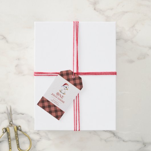 Aangepaste Eén Jollige Gans December Eerste Verjaa Cadeaulabel (Met Touw)