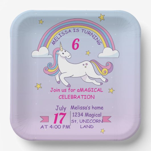 Aangepaste Eenhoorn Verjaardag Plein Bord - Meisje (Voorkant)