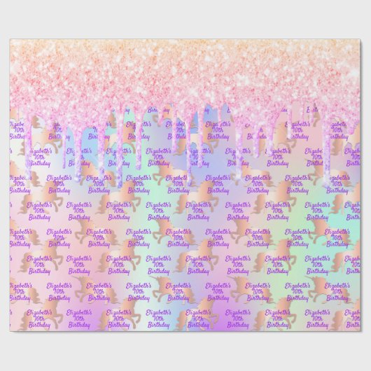 Aangepaste eenhoorn verjaardag roze holografisch cadeaupapier (Vlak)