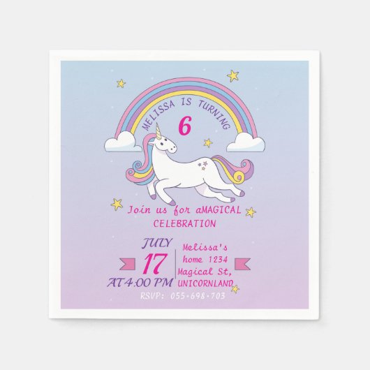 Aangepaste Eenhoorn Verjaardagsfeest servetten Bew (Voorkant)