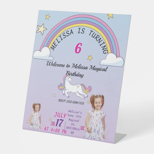 Aangepaste Eenhoorn Verjaardagstafel Teken voor Me Reclamebord Met Voetstuk (Voorkant)