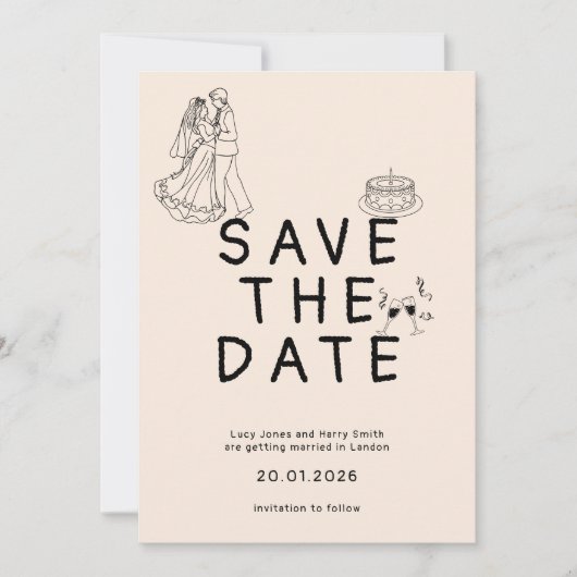 Aangepaste eenvoudige bruid- en bruidegomillustrat save the date (Voorkant)
