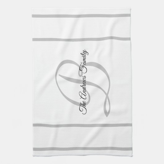 Aangepaste eenvoudige grijze witte monogram famili theedoek (Verticaal)