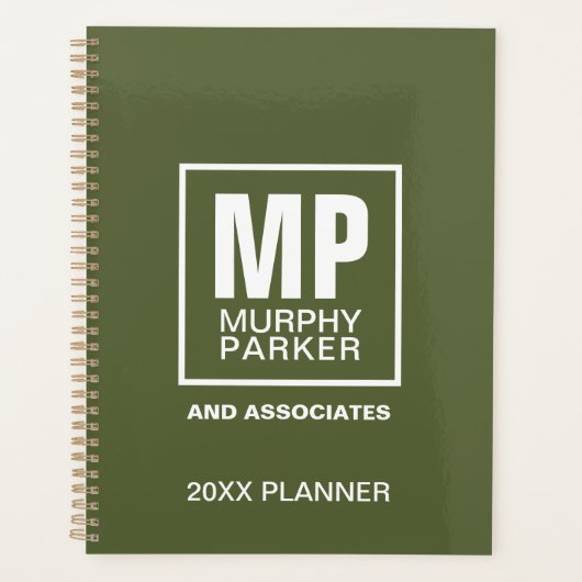 Aangepaste Eenvoudige Olive Green Monogram Busines Planner (Voorkant)