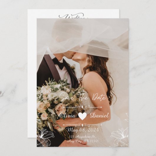 Aangepaste Eenvoudige Zwart & Wit Fotobruiloft Kaart (Voorkant / Achterkant)