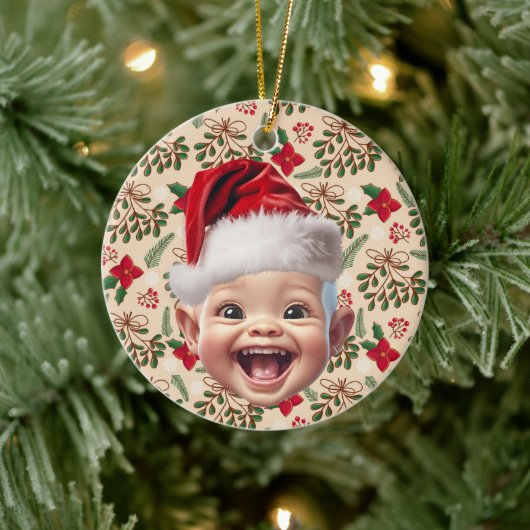 Aangepaste Eerste Baby Gezicht Kerstman Hoed Kerst Keramisch Ornament (Boom)