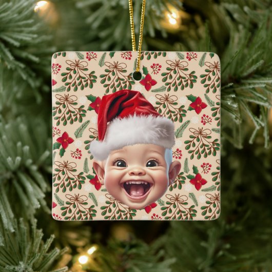 Aangepaste Eerste Baby Gezicht Kerstman Hoed Kerst Keramisch Ornament (Boom)