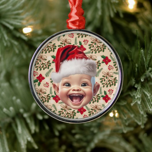 Aangepaste Eerste Baby Gezicht Kerstman Hoed Kerst Metalen Ornament (Boom)