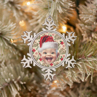 Aangepaste Eerste Baby Gezicht Kerstman Hoed Kerst Tin Sneeuwvlok Ornament