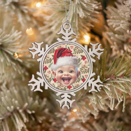 Aangepaste Eerste Baby Gezicht Kerstman Hoed Kerst Tin Sneeuwvlok Ornament (Boom)