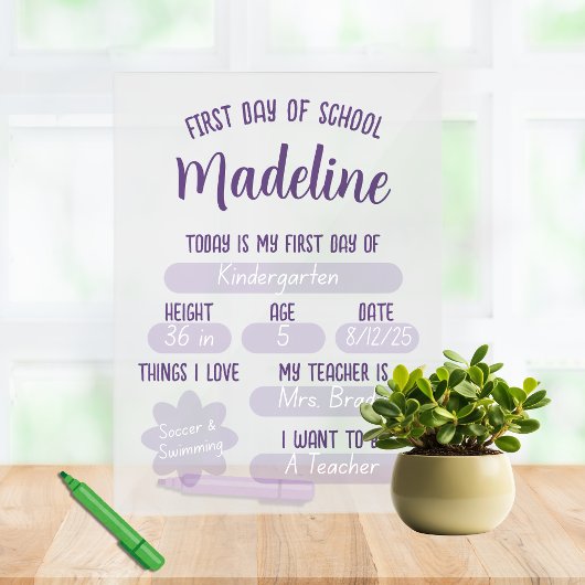 Aangepaste eerste dag van school vul in acryl bord