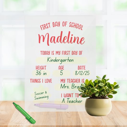 Aangepaste eerste dag van school vul in acryl bord
