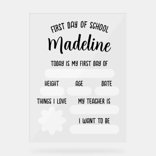 Aangepaste eerste dag van school vul in acryl bord (Voorkant)